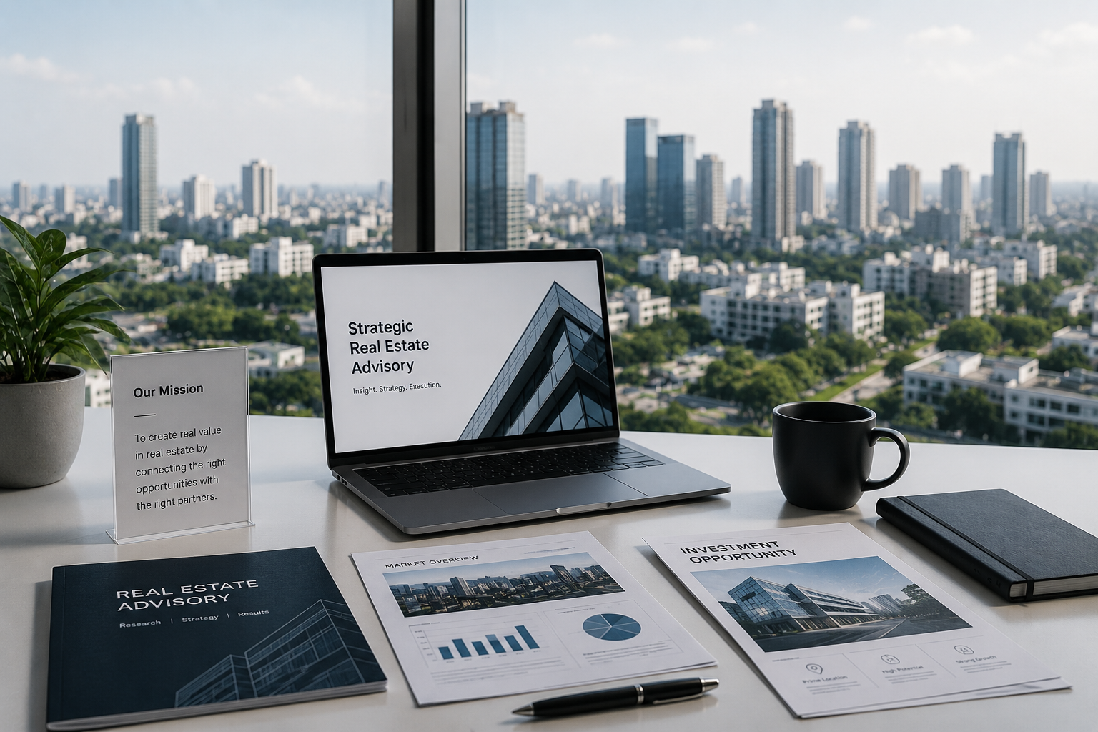 Strategic real estate advisory materials with Bangalore skyline