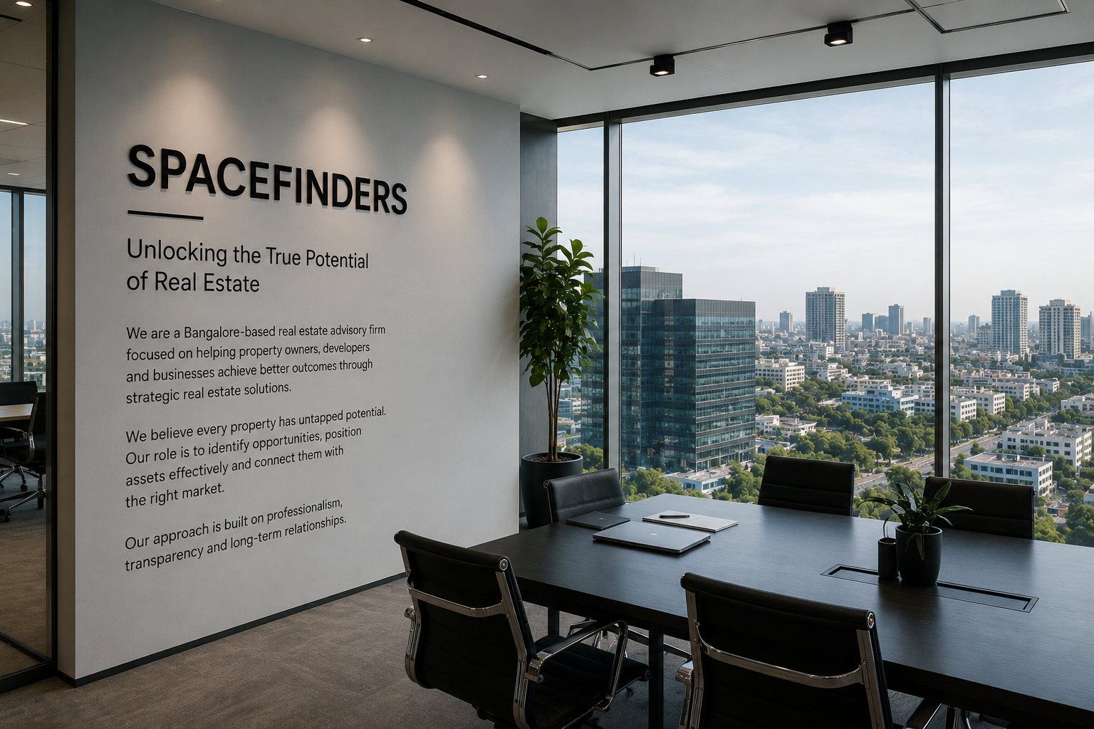 Premium corporate advisory environment overlooking Bangalore